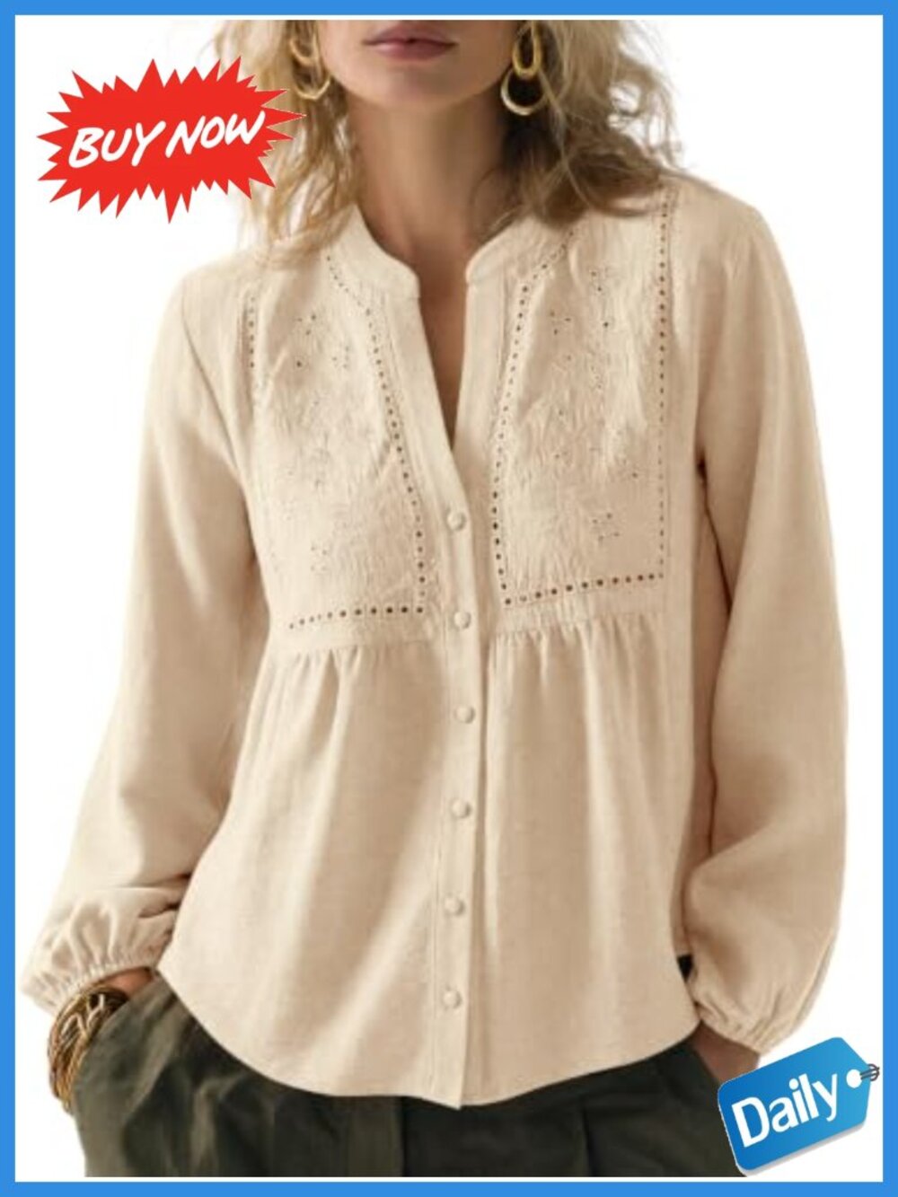 Flowy Boho 100% Polyester Long Sleeve V-Neck Blouse Embroidered
